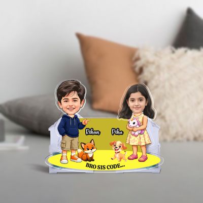 Personalized Brother & Sister Bobblehead Caricature Custom with Face Cutout Perfect for Birthdays, Raksha bandhan, and Home Decor Battey Powered Moving Head